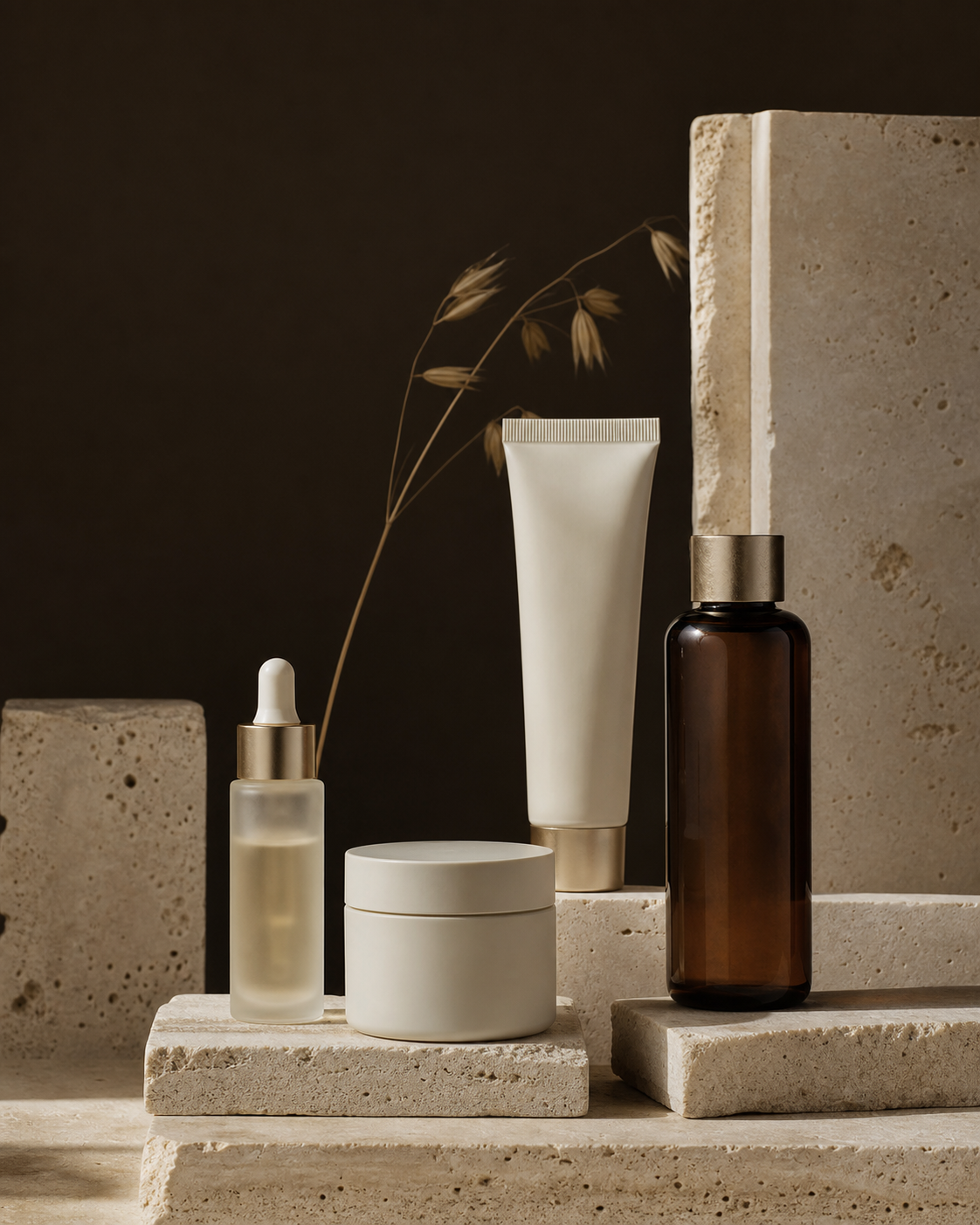 A refined selection of unbranded skincare products arranged on natural stone